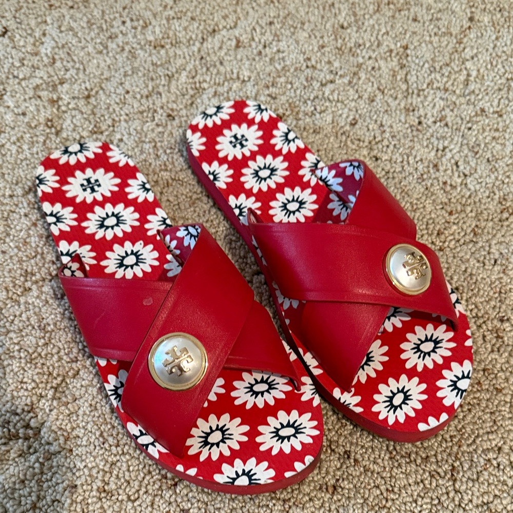 Tory Burch Red and White Floral Slides